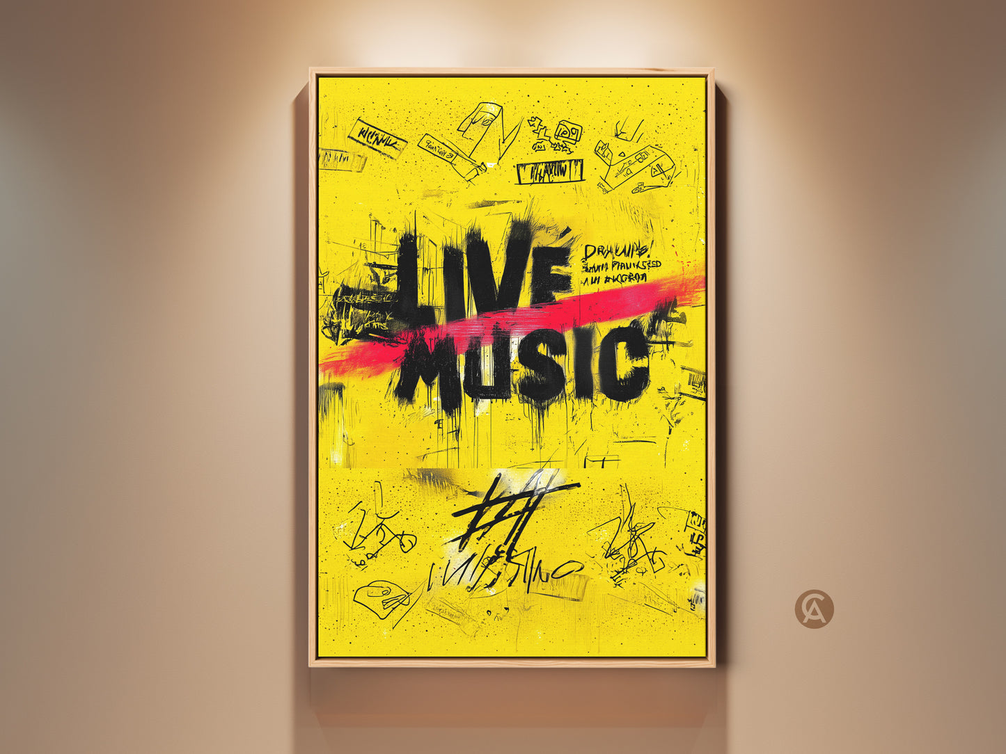 A framed canvas print displays yellow graffiti art. The urban wall decor features 'Live Music' in bold lettering. A red stripe cuts across the text. This eclectic music lover gift adds an energetic vibe to any room.