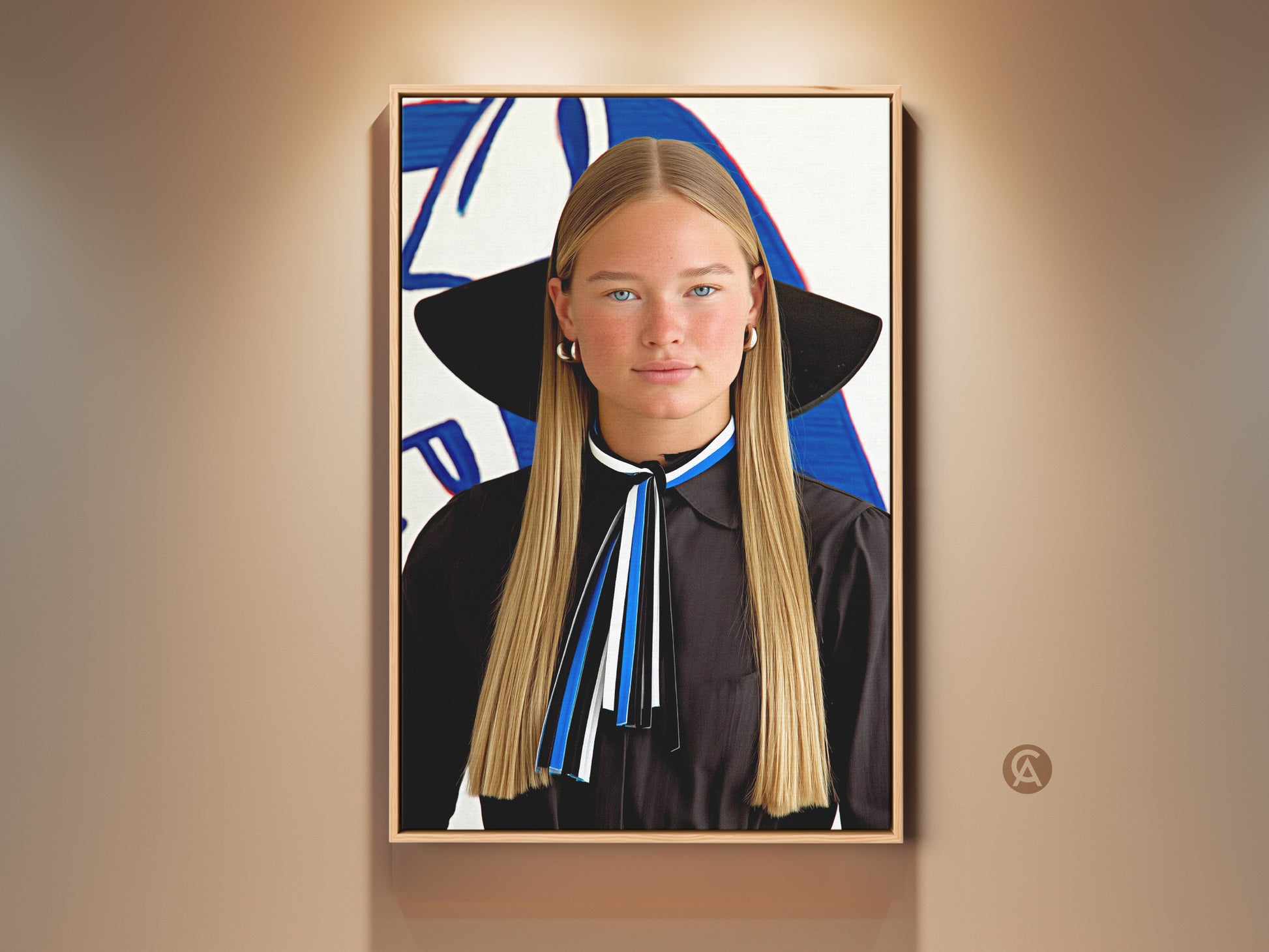 Modern abstract woman portrait canvas art in a floating frame. The stylish wall decor features blue white and black hues. This contemporary pop art print is ideal for upscale home decor and art lovers. Ready to hang and perfect for a chic living room or bedroom art display.