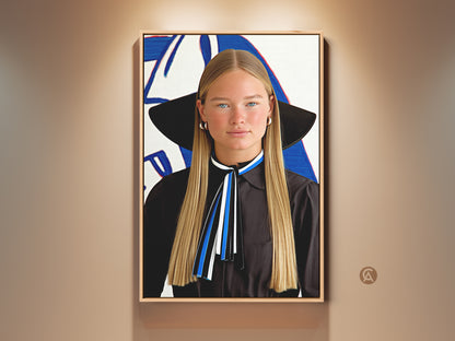 Modern abstract woman portrait canvas art in a floating frame. The stylish wall decor features blue white and black hues. This contemporary pop art print is ideal for upscale home decor and art lovers. Ready to hang and perfect for a chic living room or bedroom art display.