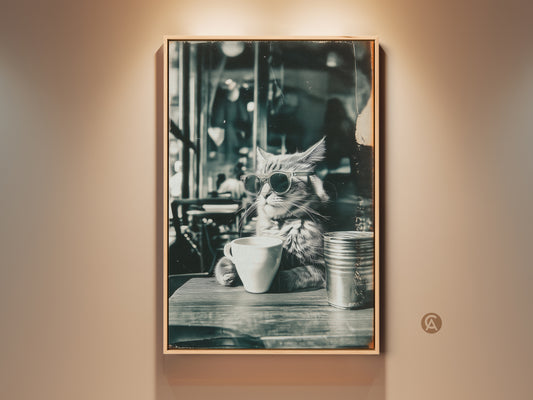 Monochrome artwork of a stylish cat wearing sunglasses at a table with a coffee cup and tin can. This framed art print captures a vintage cafe scene. The wall art enhances any room decor.