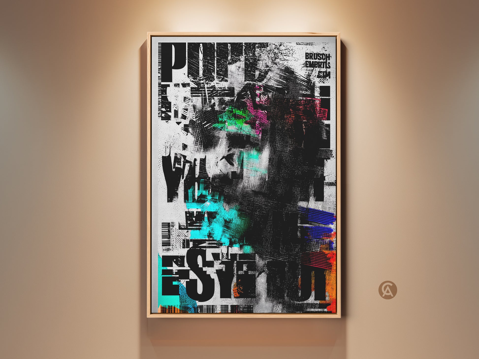 Framed abstract face canvas art print. This glitch art collage features a modern black white and green color palette. It's an ideal office decor piece and a unique gift for art enthusiasts. The artwork is displayed in a wooden frame enhancing its contemporary style.