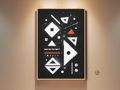 Framed abstract geometric wall art in a minimalist style. This mid-century modern artwork features black white and a touch of orange. Perfect Bauhaus art for an office or studio creating a contemporary geometric decor statement as a housewarming gift.