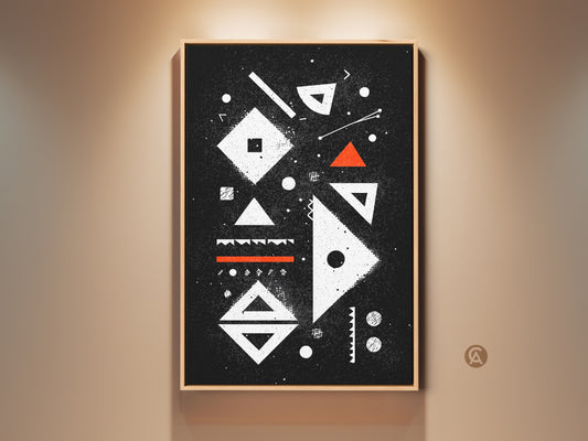 Framed abstract geometric wall art in a minimalist style. This mid-century modern artwork features black white and a touch of orange. Perfect Bauhaus art for an office or studio creating a contemporary geometric decor statement as a housewarming gift.