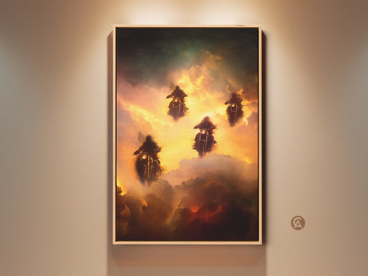 Experience a surreal motorcycle fantasy with this art print. Witness riders soaring through clouds in gold green and orange hues. This dramatic artwork captures adventure and imagination. Transform your space with this unique and captivating piece. It's perfect for motorcycle enthusiasts and eclectic art collectors seeking high octane decor.