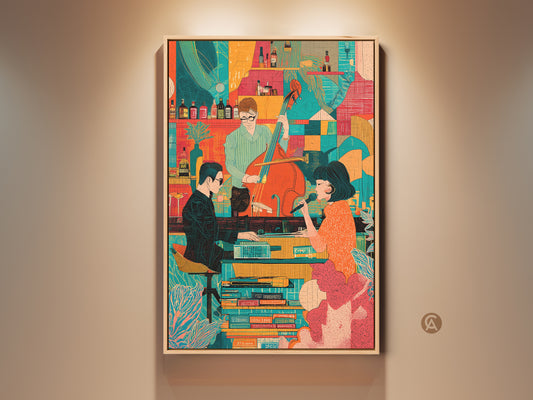 Framed Mid-Century Modern Jazz Band Canvas Print. This retro singer and bassist wall art features an eclectic orange and teal color palette. A perfect gift for music lovers. The artwork enhances home decor with its vibrant colors and unique style. Ideal for adding a touch of retro flair to any room with a musical theme.