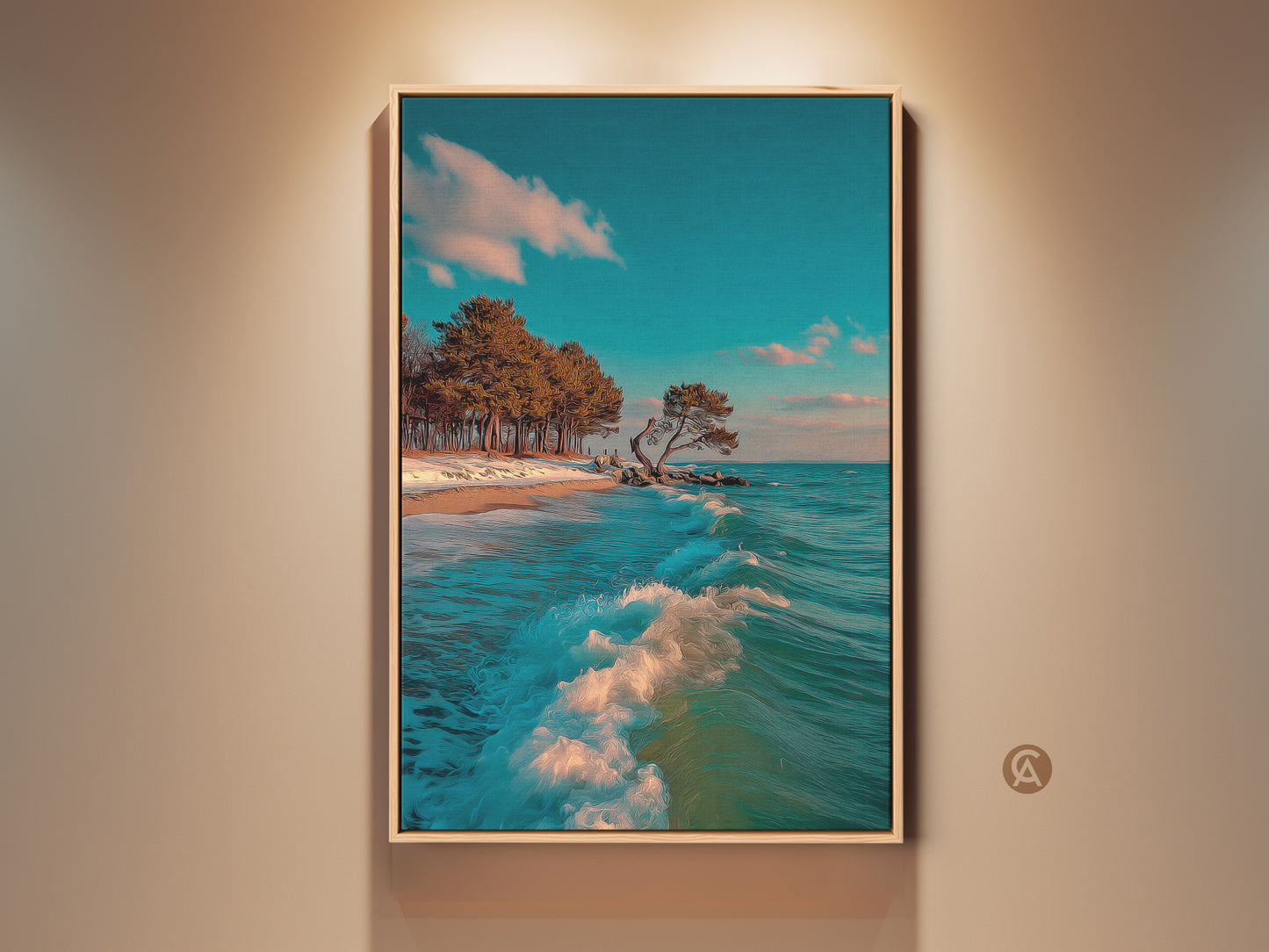 Beach Landscape Canvas Print features a serene ocean wave. Coastal trees frame the scene under a teal blue sky. This artwork evokes a tranquil coastal home style. It is ideal for beach lovers and as a housewarming gift. It complements coastal and nature-inspired interiors.