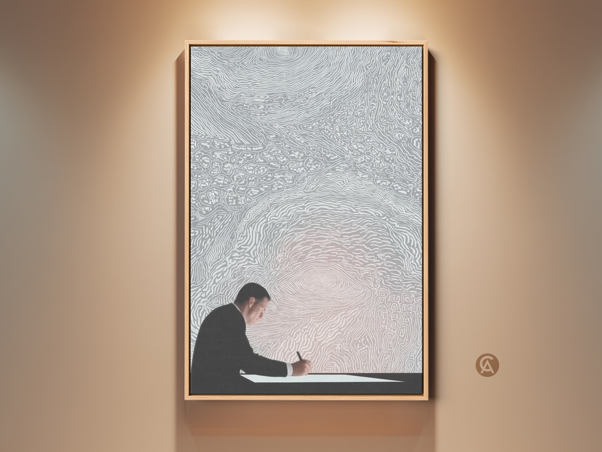 Modern office wall art featuring an abstract man writing. This conceptual art print offers a minimalist silver and white decor. It is a fine art print perfect as an inspiring writer's gift canvas for creatives