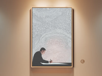 Modern office wall art featuring an abstract man writing. This conceptual art print offers a minimalist silver and white decor. It is a fine art print perfect as an inspiring writer's gift canvas for creatives