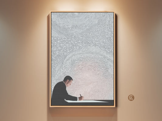 Modern office wall art featuring an abstract man writing. This conceptual art print offers a minimalist silver and white decor. It is a fine art print perfect as an inspiring writer's gift canvas for creatives