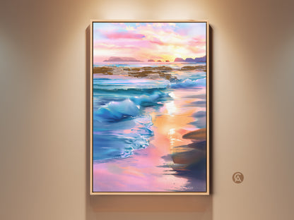 Impressionistic ocean waves artwork is framed in wood. Coastal sunset landscape features blue pink and orange. Beach scene wall decor makes a perfect gift for beach lovers. The art brings the serenity of the ocean into any home.