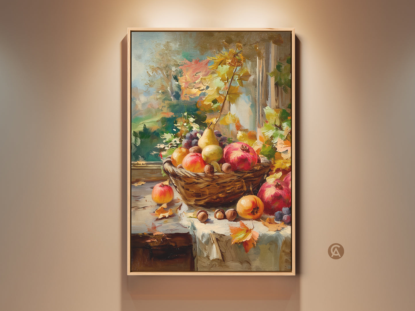 Still life artwork of autumn fruits in a basket by the window. Oil painting on canvas in a wooden frame. The artwork features pomegranates pears grapes and nuts. A beautiful piece to bring the colors of fall into your home.