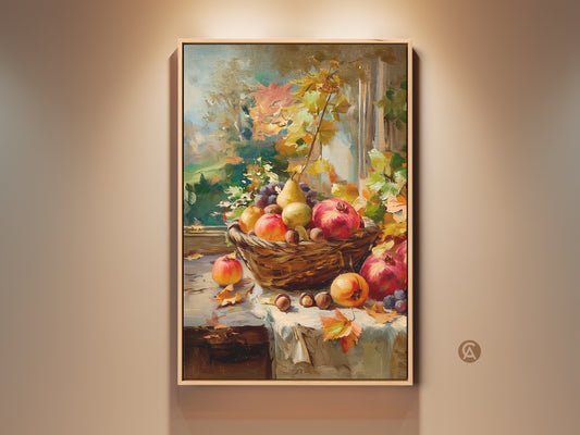 Still life artwork of autumn fruits in a basket by the window. Oil painting on canvas in a wooden frame. The artwork features pomegranates pears grapes and nuts. A beautiful piece to bring the colors of fall into your home.