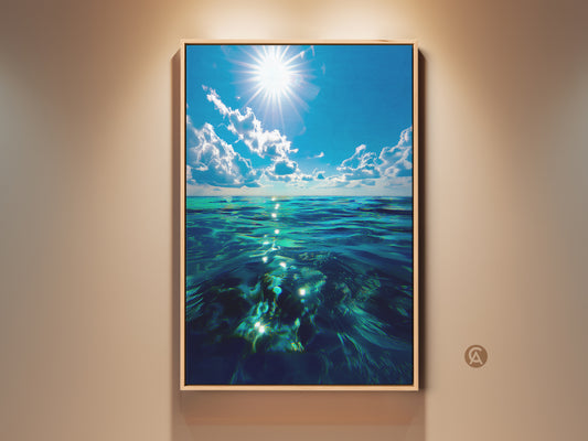 Framed coastal ocean waves art print. Deep blue sea artwork with sunlight reflection adds beach vibes to your home. Refreshing turquoise ocean print for living room or bedroom wall decor. Bright blue sky canvas art brings calming seaside feelings. Housewarming beach gift idea.