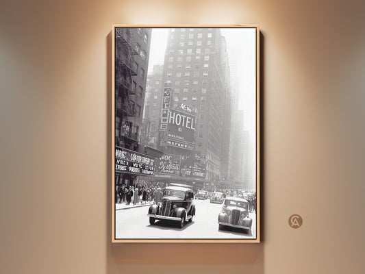 Vintage Car Cityscape Canvas Print. A Retro Art style in classic black and white. Industrial urban decor for your entryway. A thoughtful housewarming gift for car enthusiasts. Perfect wall art for a living room statement piece. This monochrome artwork blends vintage and industrial aesthetics.
