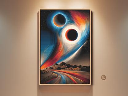 Contemporary abstract space art. A cosmic black hole print featuring an orange and blue eclipse. The canvas wall art enhances bedroom decor. The artwork is a sci-fi space decor element.