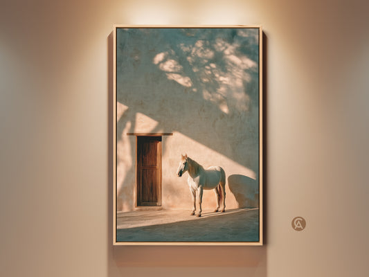 Photorealistic horse artwork in beige tan and teal tones. A rustic wooden door is in the background. Perfect eclectic wall art for horse lovers. This equine print adds naturalistic animal charm to any living room or entry hall. A unique housewarming gift.