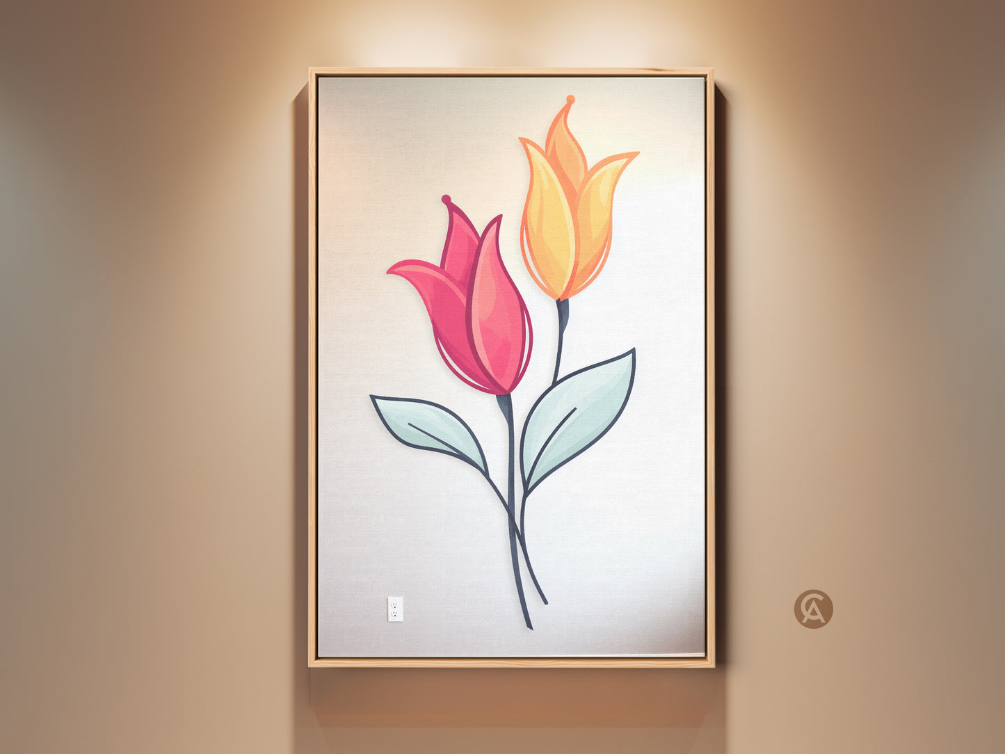 Framed pink and yellow minimalist tulip art on the wall. This botanical folk style artwork brings Scandinavian charm. Perfect housewarming gift shows soft colors and nature inspiration. The accent wall canvas complements modern decor. It adds floral beauty to any room.