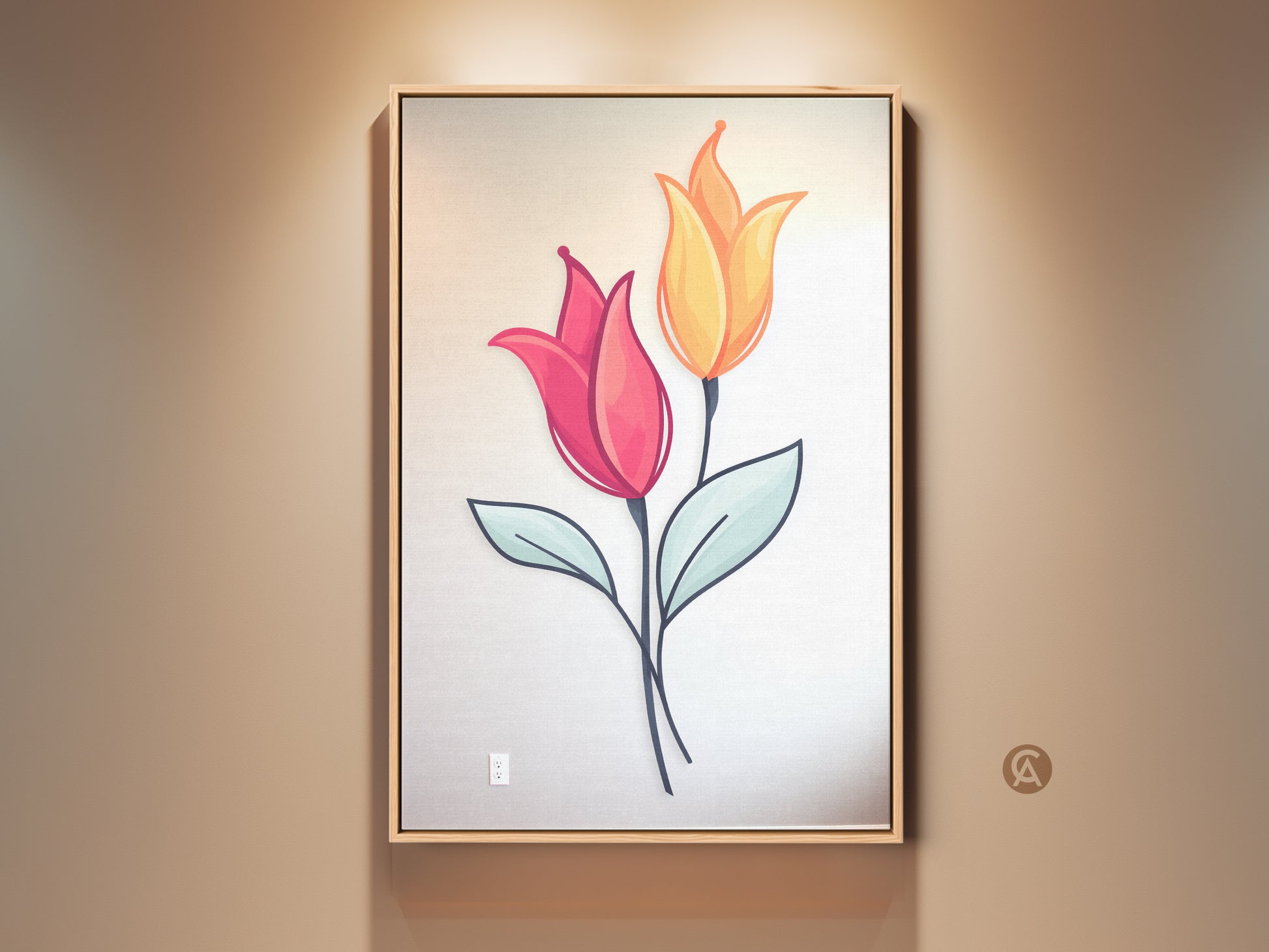 Framed pink and yellow minimalist tulip art on the wall. This botanical folk style artwork brings Scandinavian charm. Perfect housewarming gift shows soft colors and nature inspiration. The accent wall canvas complements modern decor. It adds floral beauty to any room.