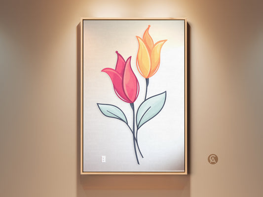 Framed pink and yellow minimalist tulip art on the wall. This botanical folk style artwork brings Scandinavian charm. Perfect housewarming gift shows soft colors and nature inspiration. The accent wall canvas complements modern decor. It adds floral beauty to any room.