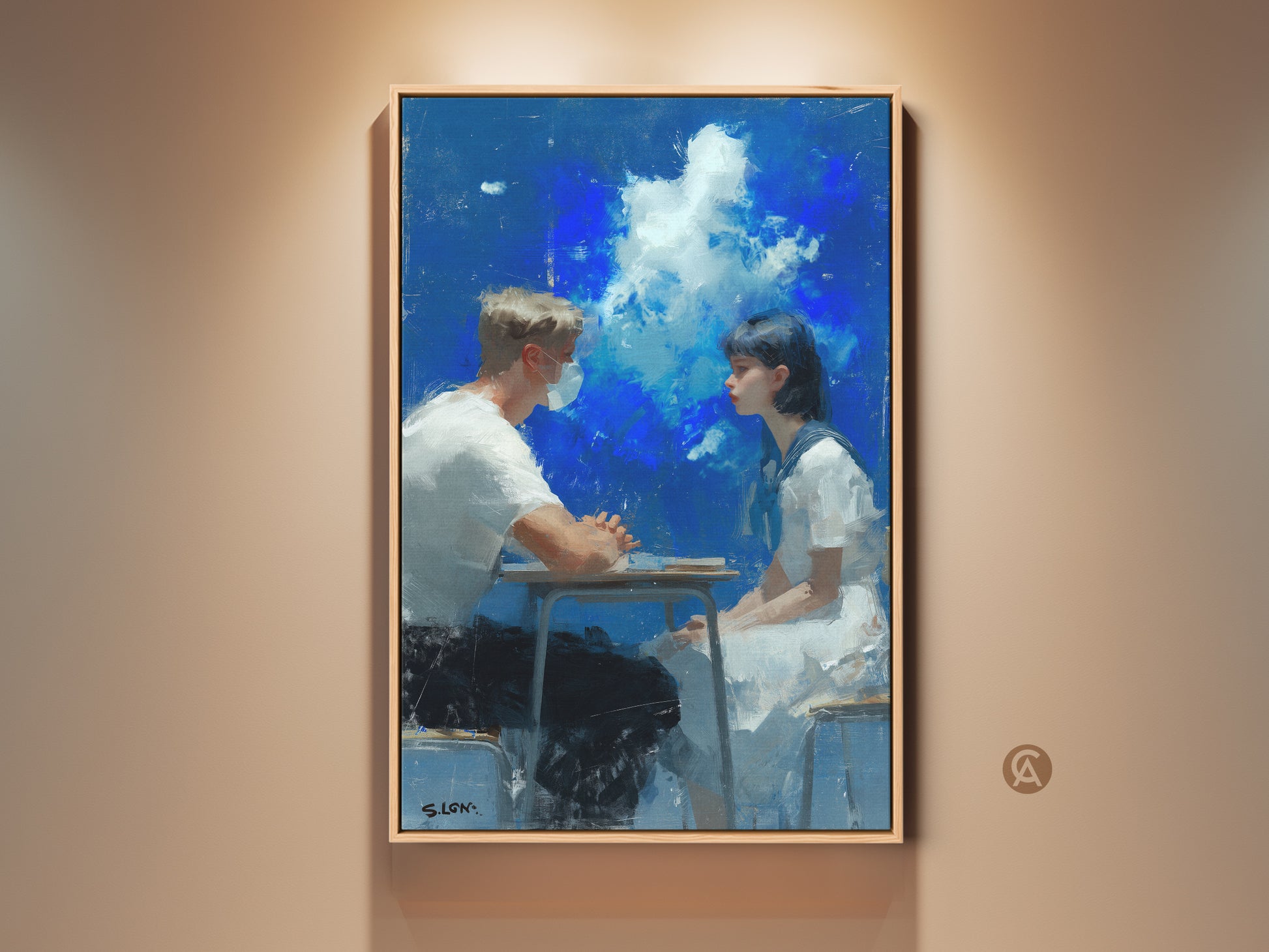 A captivating oil painting on canvas. It shows a young couple sitting at a table. They face each other against a backdrop of a cloudy blue sky. This fine art piece evokes a sense of connection and reflection. Perfect for adding a touch of modern art to any room. Shop now to bring this unique artwork into your home.