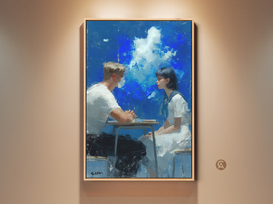 A captivating oil painting on canvas. It shows a young couple sitting at a table. They face each other against a backdrop of a cloudy blue sky. This fine art piece evokes a sense of connection and reflection. Perfect for adding a touch of modern art to any room. Shop now to bring this unique artwork into your home.