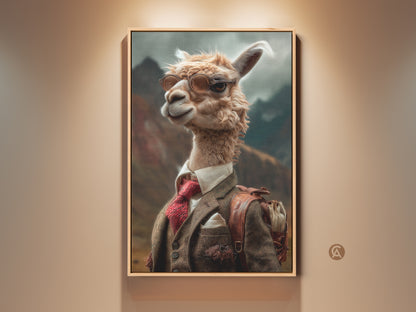 Elevate your decor with this dapper llama in suit canvas print. This animal portrait wall art adds an eclectic touch to your study or office. The tan cream brown colors create a sophisticated look. A unique animal lover gift or a cool piece for your home. This llama artwork brings quirky charm to any room.