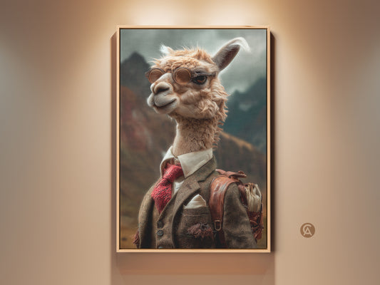 Elevate your decor with this dapper llama in suit canvas print. This animal portrait wall art adds an eclectic touch to your study or office. The tan cream brown colors create a sophisticated look. A unique animal lover gift or a cool piece for your home. This llama artwork brings quirky charm to any room.