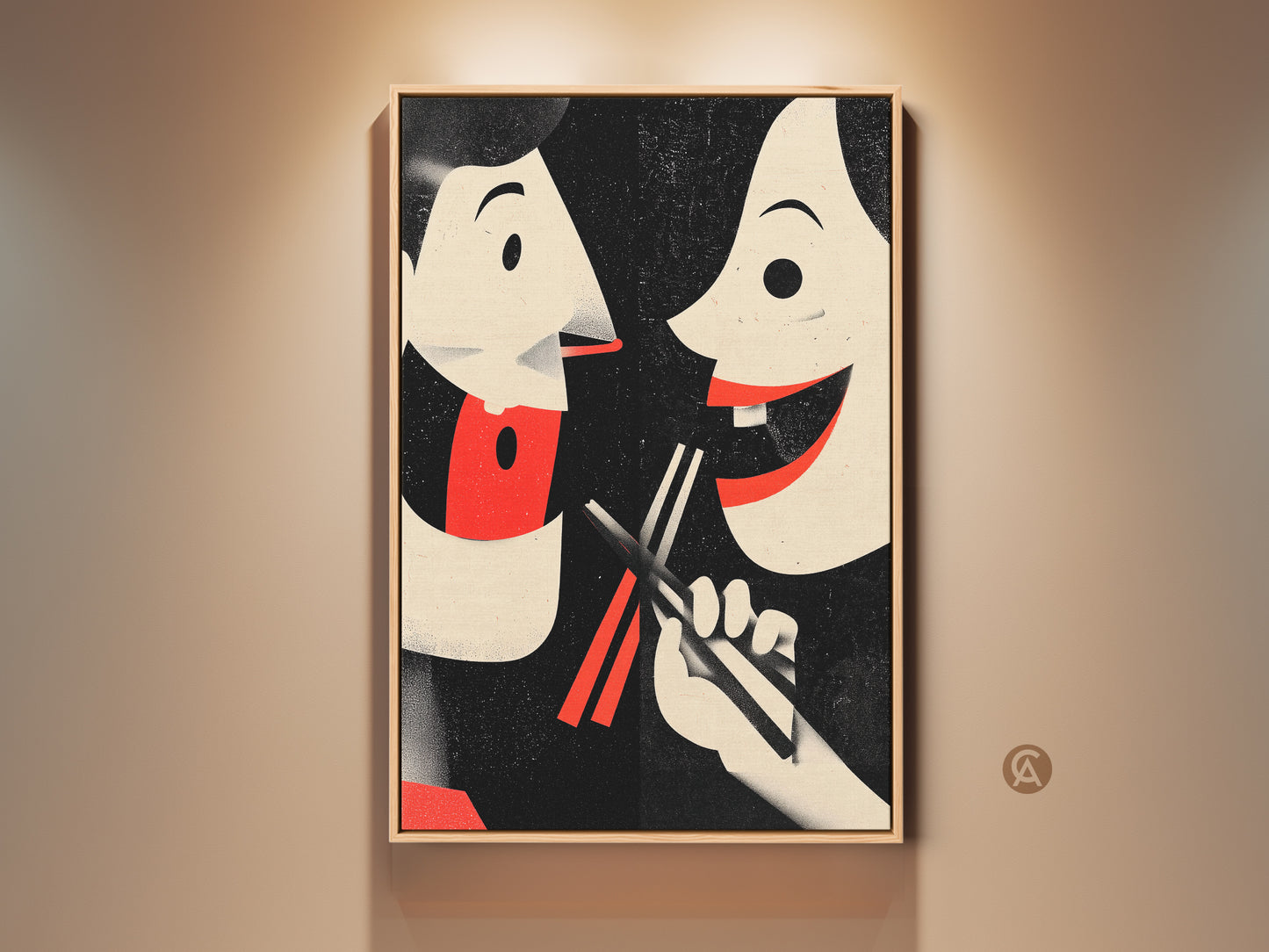 Retro couple artwork in a frame. This Asian culture inspired art print is great eclectic kitchen decor. The food art is a playful image of sharing food with chopsticks. Red cream and black art evokes a retro dining mood. A unique housewarming gift and conversation piece.