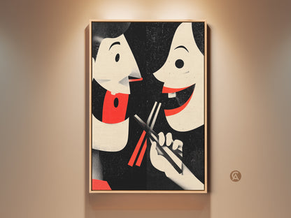 Retro couple artwork in a frame. This Asian culture inspired art print is great eclectic kitchen decor. The food art is a playful image of sharing food with chopsticks. Red cream and black art evokes a retro dining mood. A unique housewarming gift and conversation piece.