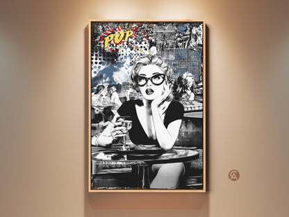 Glamour meets pop art in this canvas print. The retro woman with a cocktail adds sophistication to any space. Black and white artwork with blue accents. Perfect for bar decor or eclectic home art. A unique piece for retro glamour wall art.