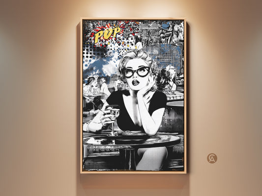 Glamour meets pop art in this canvas print. The retro woman with a cocktail adds sophistication to any space. Black and white artwork with blue accents. Perfect for bar decor or eclectic home art. A unique piece for retro glamour wall art.
