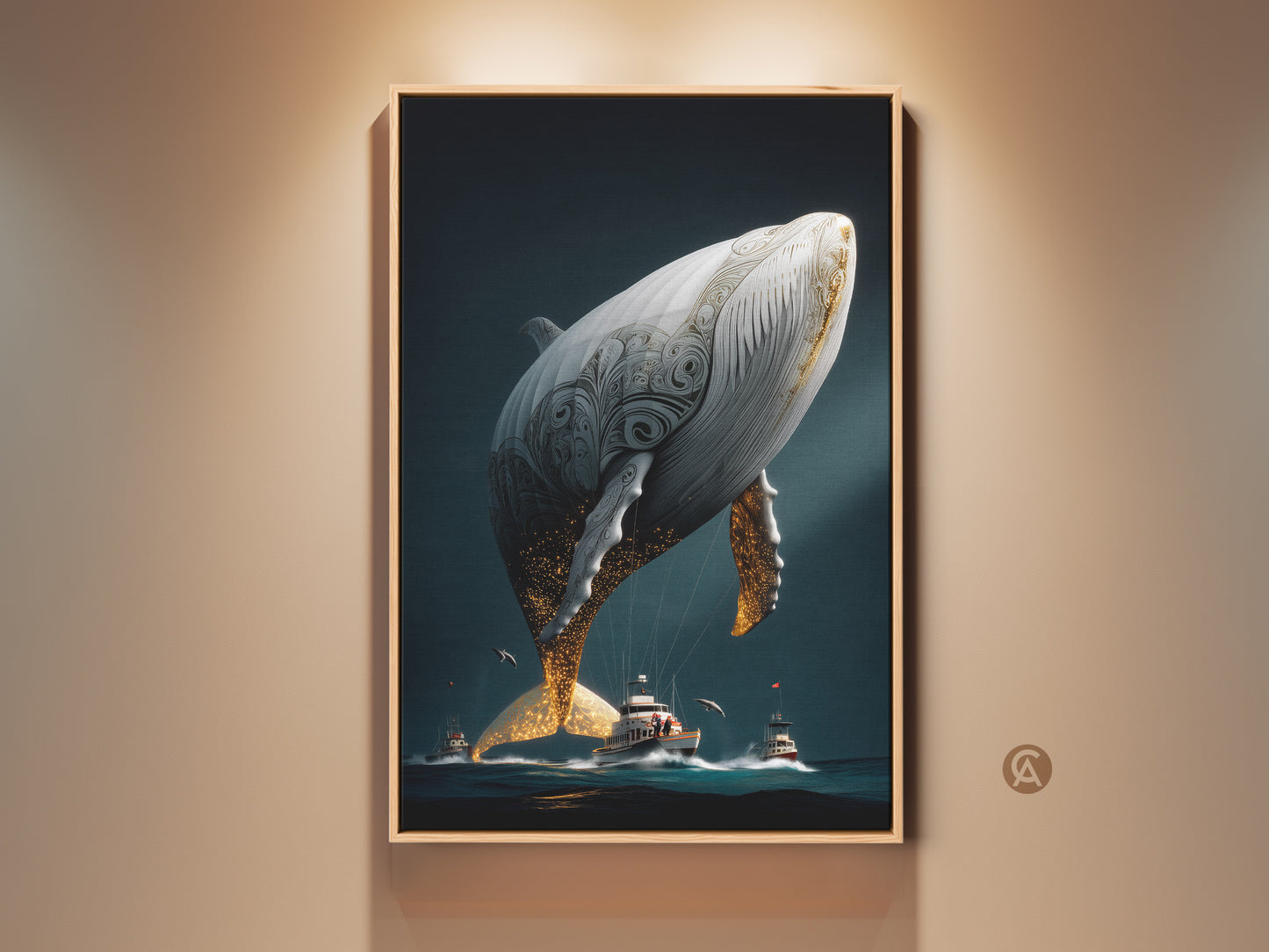 Framed fantasy art print featuring a surreal whale in a dark teal ocean. The artwork has dynamic gold details and an eclectic style. This wall decor piece is an ideal gift for ocean lovers. The artwork shows boats sailing beneath the whale. Perfect for adding a unique touch to any room.
