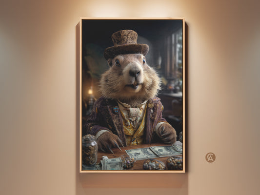 A vintage groundhog canvas art piece shows a dapper animal wearing a top hat This eclectic study decor has a unique money theme Groundhog is sitting at a desk with cash Perfect wall art for home or office.  
