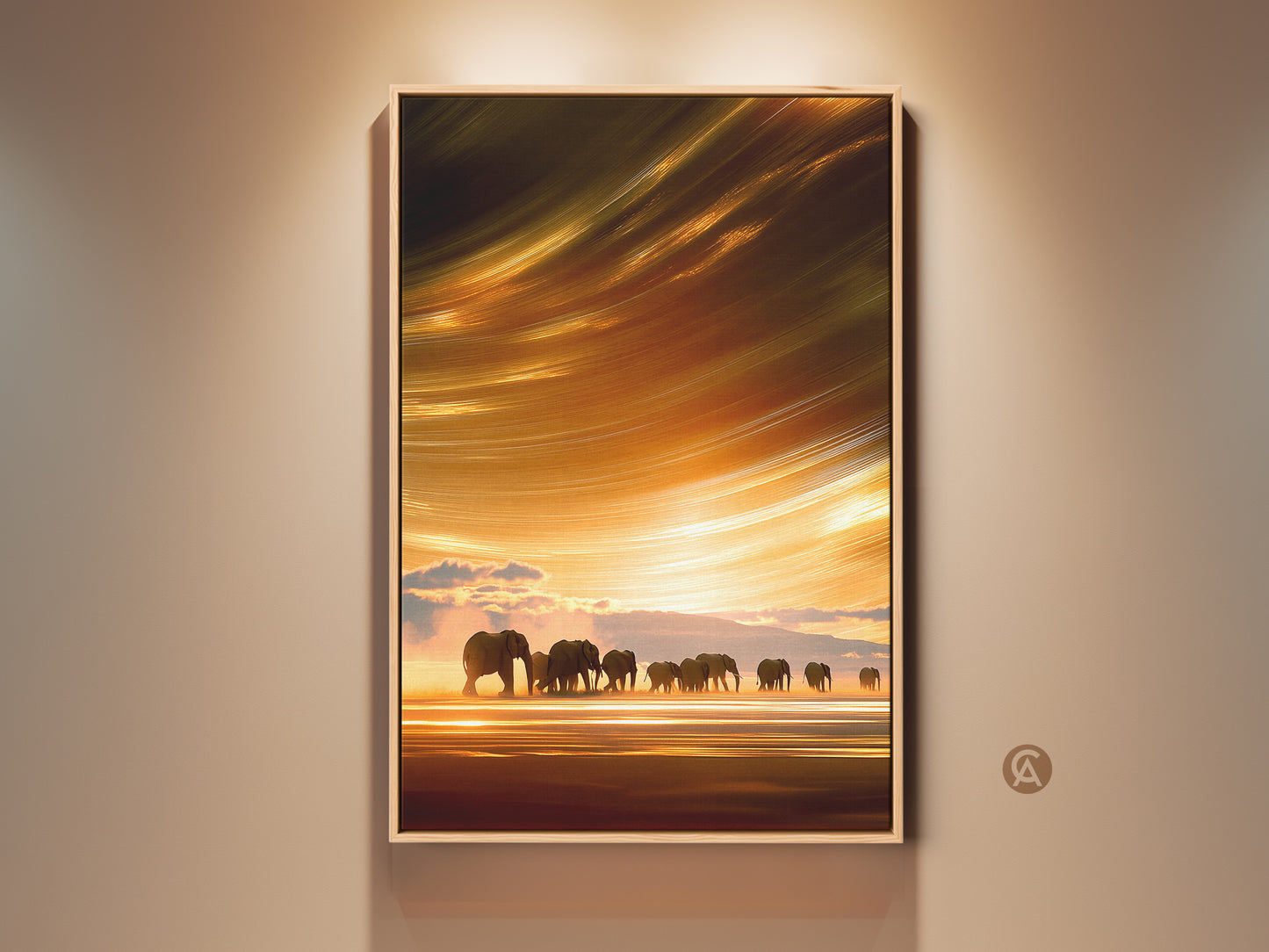 Framed abstract elephant canvas art in a modern living space. This Savanna sunset impressionism print has boho orange yellow gold wildlife landscape tones. Add unique wall decor to your home with this stunning gift.