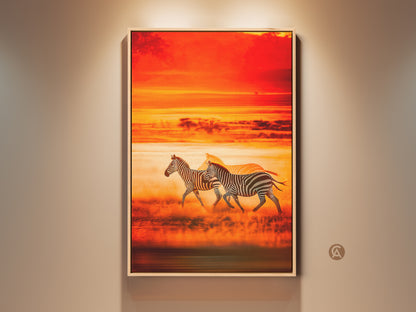 Framed zebra canvas art displayed. The African savanna sunset art features warm orange and gold hues. This wildlife nature art adds an eclectic touch. Perfect bedroom decor or a unique housewarming gift.