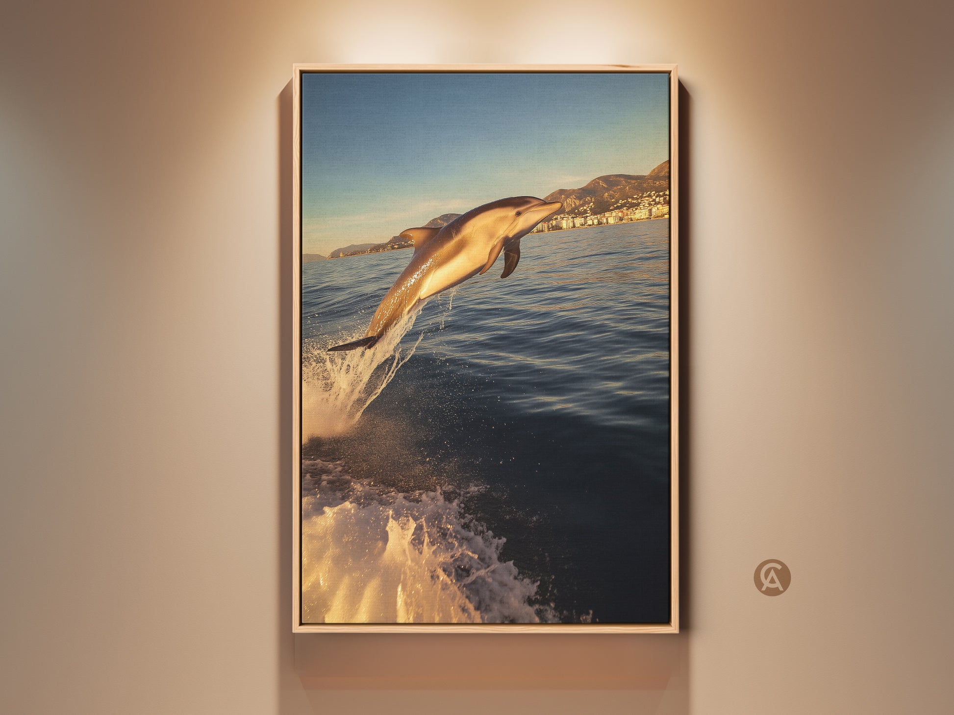 Framed coastal artwork of a dolphin jumping out of the ocean. Bathed in golden yellow sunlight. This beach house decor adds a dynamic focal point. It's printed on premium canvas with a wooden frame. Perfect as wall art for ocean lovers to blend with modern decor.