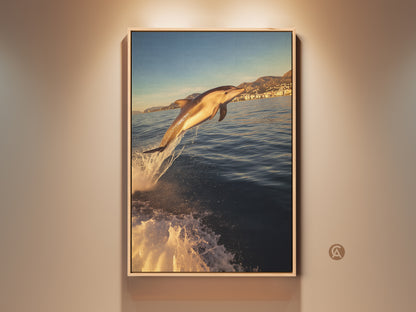 Framed coastal artwork of a dolphin jumping out of the ocean. Bathed in golden yellow sunlight. This beach house decor adds a dynamic focal point. It's printed on premium canvas with a wooden frame. Perfect as wall art for ocean lovers to blend with modern decor.