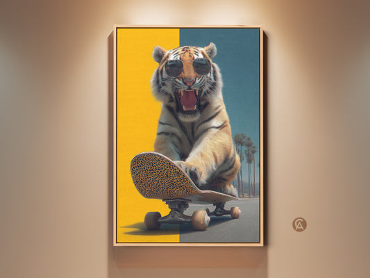 This surreal wildlife canvas art features a cool tiger riding a skateboard. The pop art style is vibrant with yellow and teal tones. It's a unique man cave and office gift idea. Add an edgy splash of color to your home with this statement artwork. A perfect blend of animal art and skater culture.