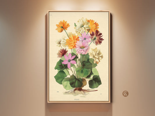 Vintage botanical art print features a cottagecore floral arrangement. The pink orange and green flowers evoke a charming aesthetic. It is a perfect gift for plant lovers seeking vintage decor.