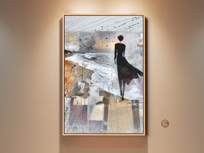 Framed Brown White and Grey abstract art print with woman and birds on canvas. This contemporary figurative landscape wall decor is perfect for a bedroom art. It is a housewarming gift for her.