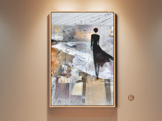 Framed Brown White and Grey abstract art print with woman and birds on canvas. This contemporary figurative landscape wall decor is perfect for a bedroom art. It is a housewarming gift for her.