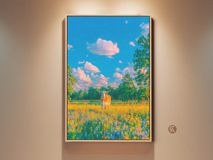 This framed fine art print features a Texas Longhorn cow standing in a meadow. Wildflowers bloom beneath a blue sky with fluffy clouds. The artwork adds natural beauty to any room. Shop framed canvas prints online.
