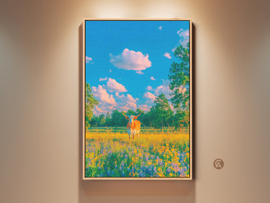 This framed fine art print features a Texas Longhorn cow standing in a meadow. Wildflowers bloom beneath a blue sky with fluffy clouds. The artwork adds natural beauty to any room. Shop framed canvas prints online.