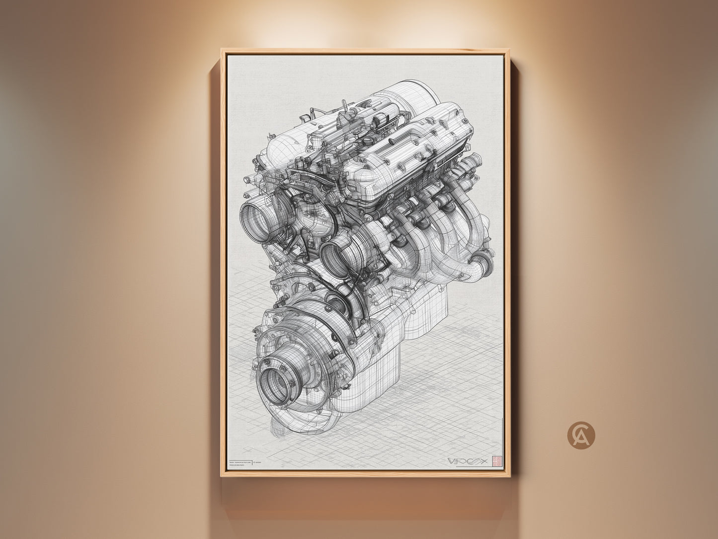 Framed automotive engine blueprint artwork. This technical drawing is displayed in a tan frame. It is a great gift idea for a car enthusiast or engineer. It will add an industrial touch to any garage office or living space.
