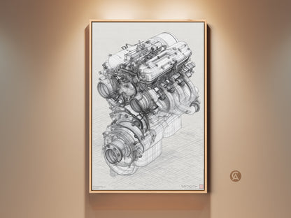 Framed automotive engine blueprint artwork. This technical drawing is displayed in a tan frame. It is a great gift idea for a car enthusiast or engineer. It will add an industrial touch to any garage office or living space.