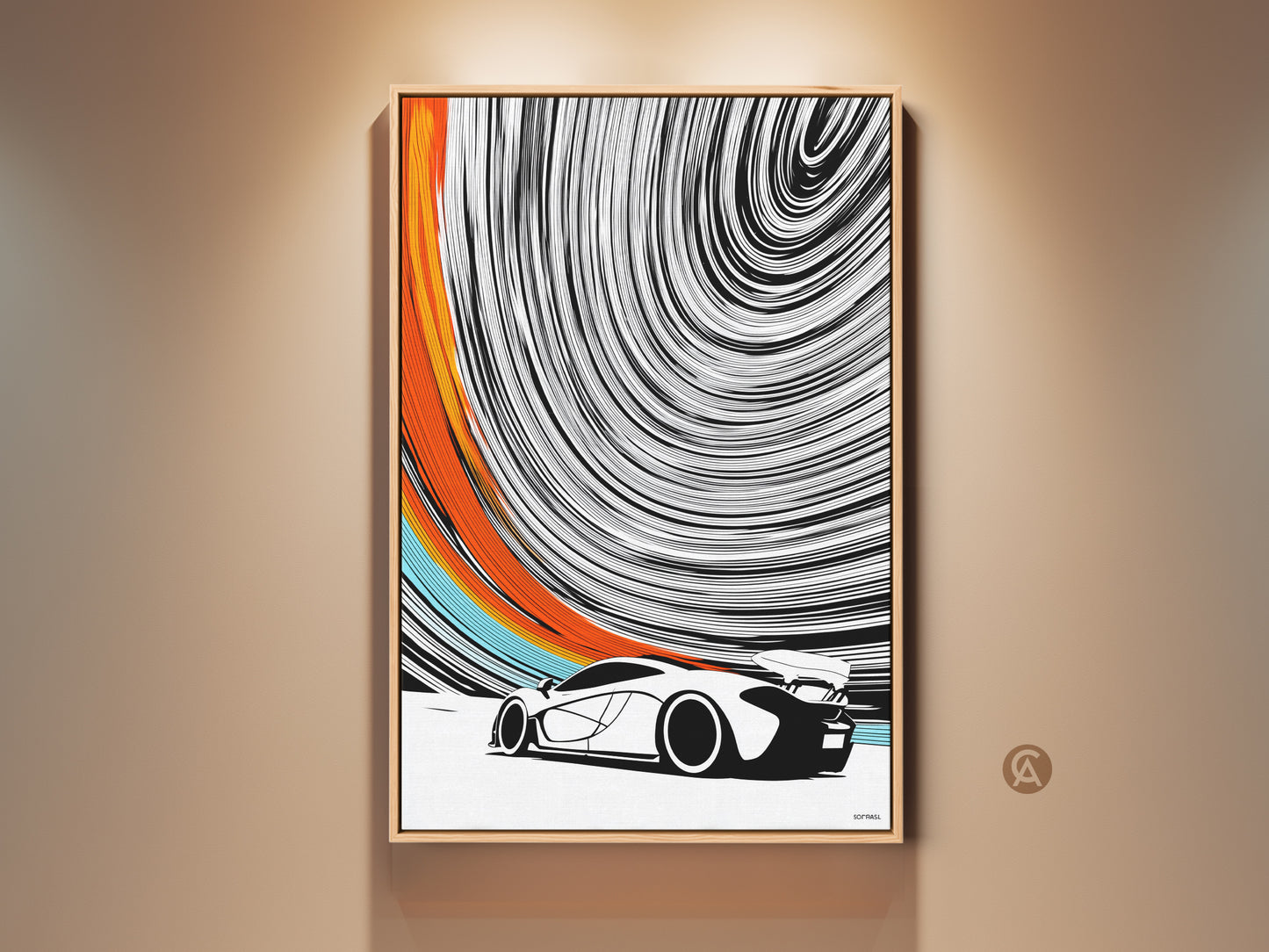 Modern abstract automotive canvas print adds sleek style to your decor. Black white orange art features a dynamic sports car. This speed swirl wall art makes an ideal gift for F1 fans. Perfect for office desk decor or a man cave wall hanging. Bring contemporary car artwork into your space.