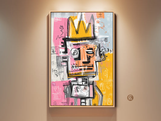 Framed Graffiti-Style King Artwork. This vibrant wall art features a bold figure with a crown. The art is framed in a light wood and adds an urban edge to any room. Perfect for modern art collectors. Shop now to elevate your decor with this unique piece of artwork
