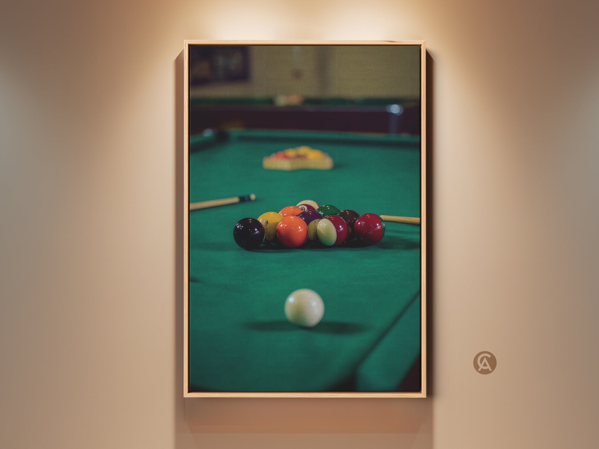 Framed pool table canvas art displays billiard balls in emerald green tones. This photorealistic man cave decor adds leisure to any space. A perfect sports gift for pool players. The billiard balls print captures a cinematic essence suitable for bar area wall decor.
