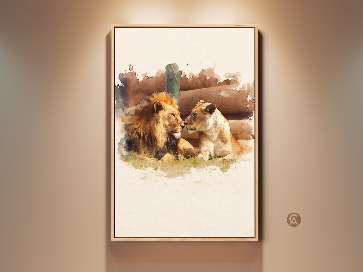 Majestic watercolor lion and lioness canvas art displayed in a stylish living space. The artistic animal couple wall decor features gold and brown tones. Perfect as wildlife canvas print for eclectic home decor or a thoughtful gift.