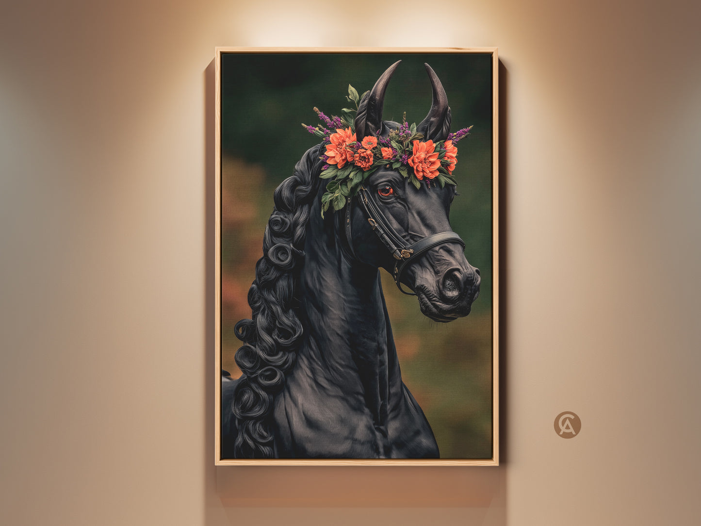 Black horse canvas art displayed in a room setting. This fantasy artwork features an equine with a vibrant orange and green floral crown. It's ideal dark academia wall decor. A unique gift for horse lovers who appreciate eclectic animal prints.